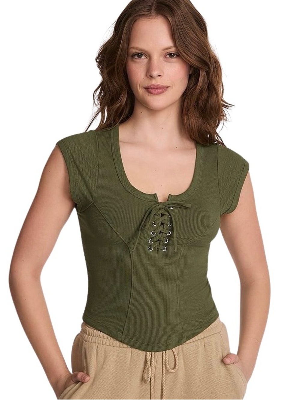 Victoria’s Secret PINK XL Olive Shade All Day Soft Rib Lace Up Top